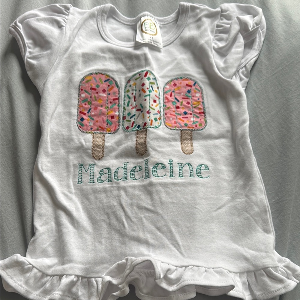 Custom White Ice Cream Embroidered Kids Shirt - “Madeleine”